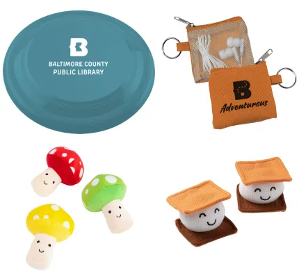 image of prize options with frisbee, mushrooms, plush smores, and headphones