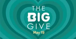 Logo for the big give. Teal background with the words the big give 