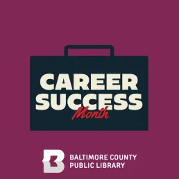 Career Success Month logo, which is the words career success month on a black briefcase, on a purple background.