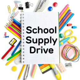 Basic school supplies in a circle, with a spiral notebook in the middle with the words School Supply Drive written on it.