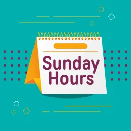 A calendar with the words Sunday Hours on a teal background filled with purple and yellow dots.