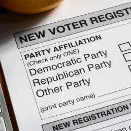 Picture of the voter registration form laying next to a keyboard.