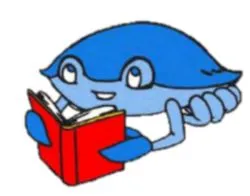 A cartoon blue crab reading a red book