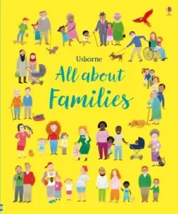 Depicts cartoon families on a yellow background 