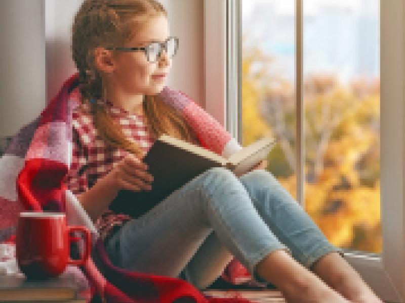 Young girl seated by a window reading a book.