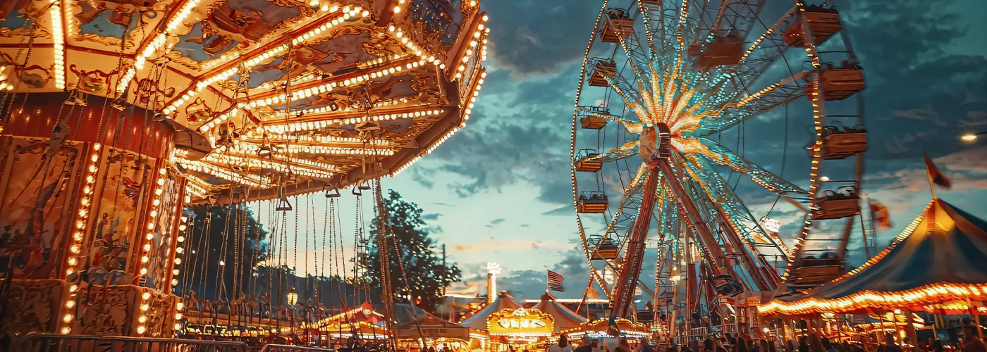 photo of a ferris wheel and a fair midway during the evening hours