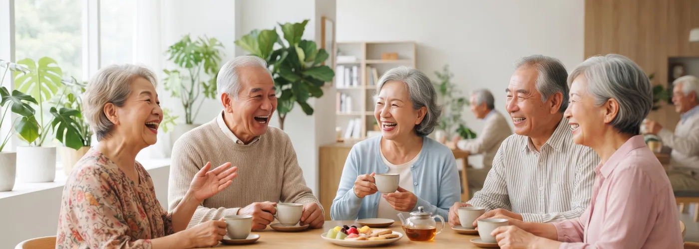 group of older adults having coffee and snacks