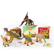 An example of an early learning kit with toy dinosaurs and books about dinosaurs.