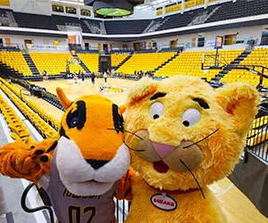 a photo of the Library's mascot Sneaks and the Towson Tiger's tiger mascot in the Towson University basketball stadium