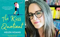 Portrait of Ashley Herring Blake with book cover "The Kiss Quotient" by Helen Hoang